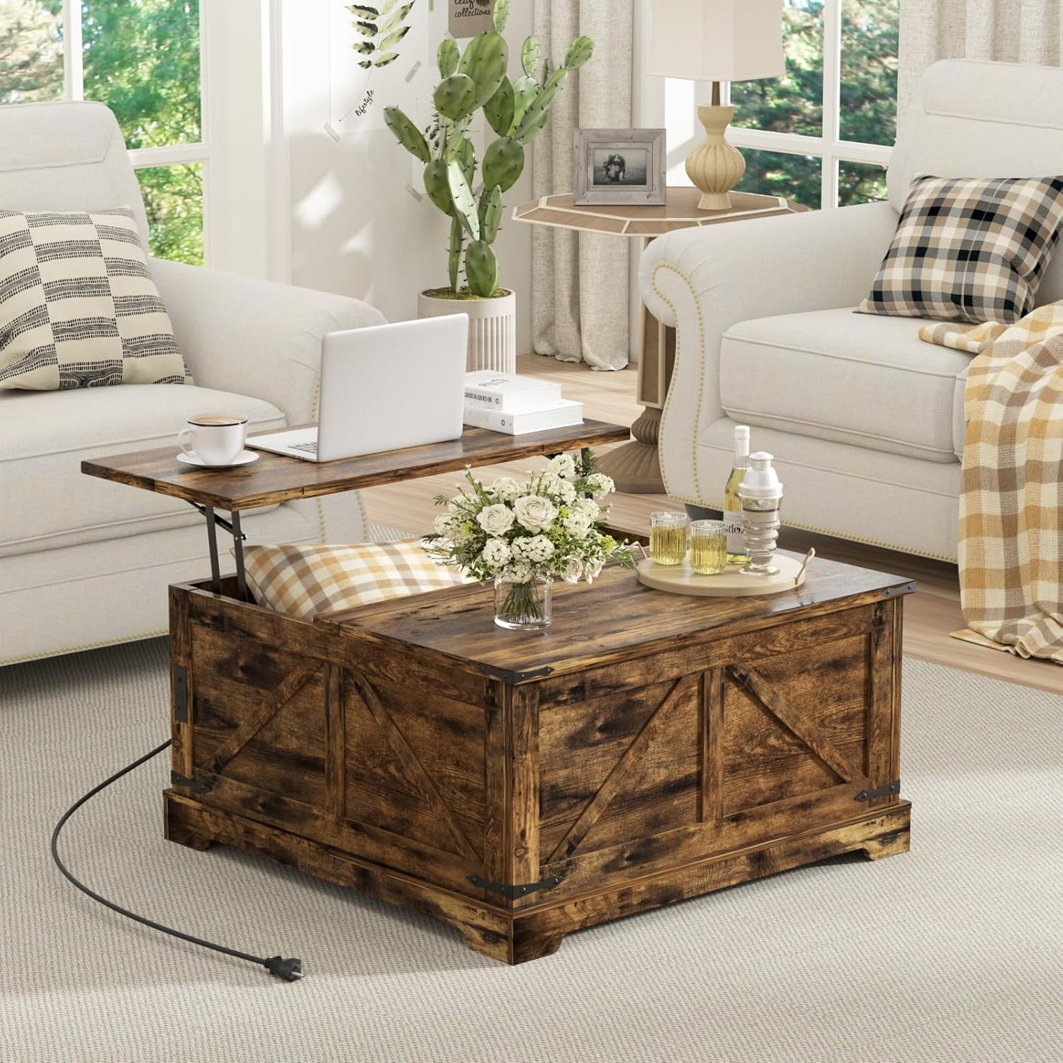 VEANERWOOD 35.4" Lift Top Coffee Table, Farmhouse Wood Square Center Table with Storage & Charging Station Hidden Compartment for Living Room, Home Office