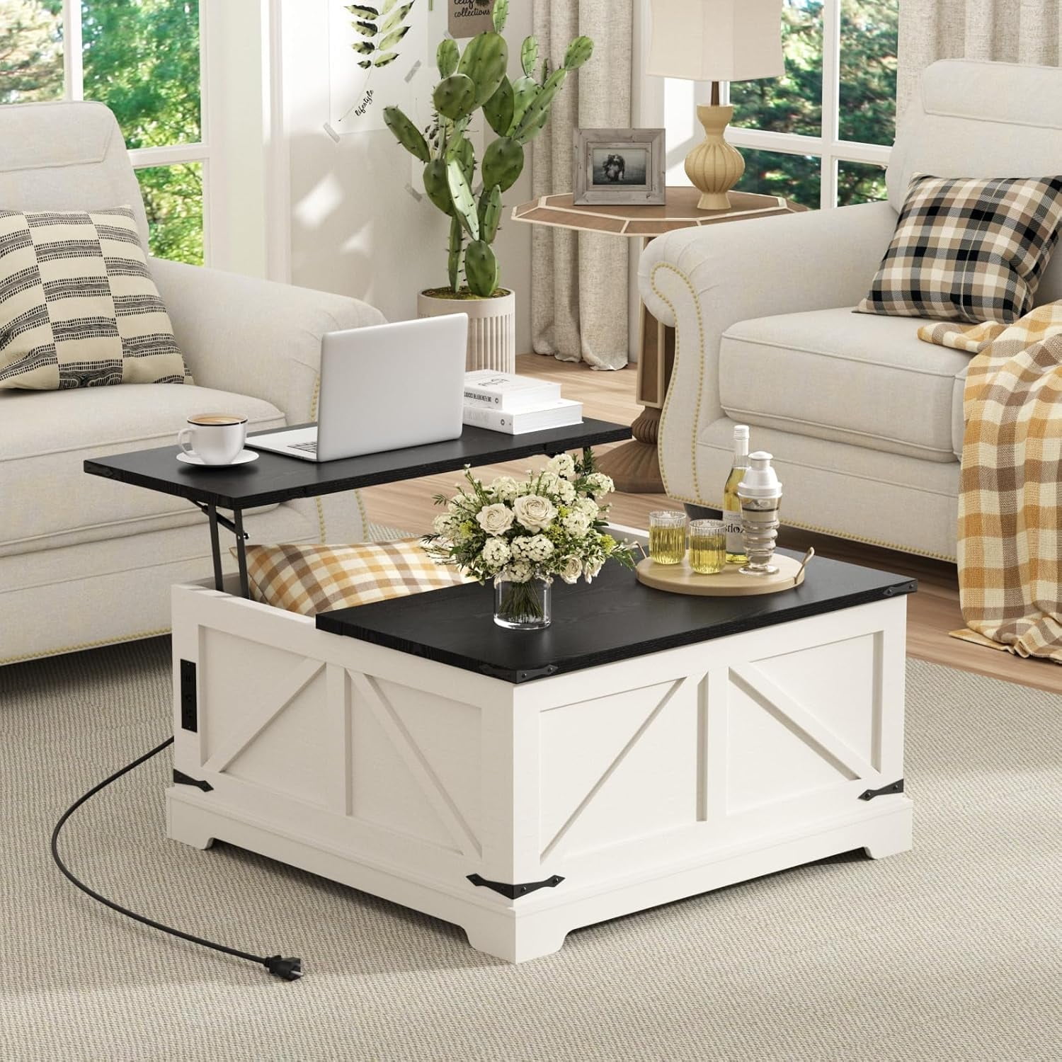 VEANERWOOD 35.4" Lift Top Coffee Table, Farmhouse Wood Square Center Table with Storage & Charging Station Hidden Compartment for Living Room, Home Office