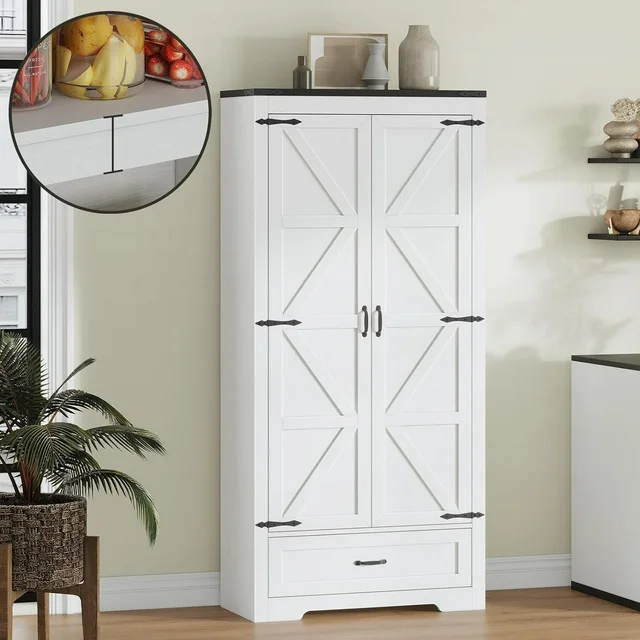 VEANERWOOD 71" Tall Farmhouse Kitchen Pantry Cabinet, Rattan Pantry Cabinet with Drawer & Adjustable Shelves for Kitchen, Living Room, Entryway, Home Office