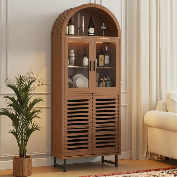 VEANERWOOD 78" Tall Louvered Arched Cabinet with LED Lights, Kitchen Pantry Cabinet with Glass Doors,Slatted Doors and Adjustable Shelves, Metal Leg, 5-Tier Versatile Cupboard