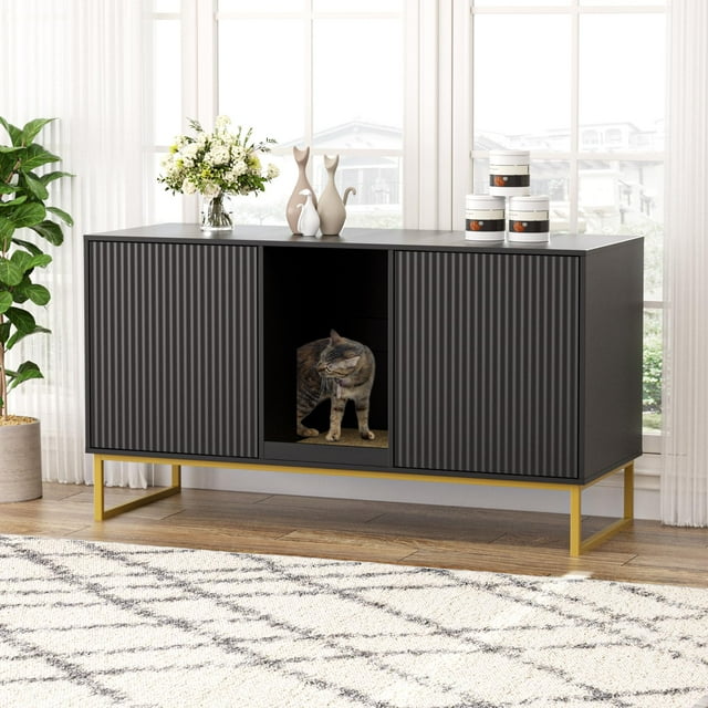 VEANERWOOD Cat Litter Box Enclosure with Hidden Entry and Two Cabinet Doors, Multi-Functional Cat Washroom