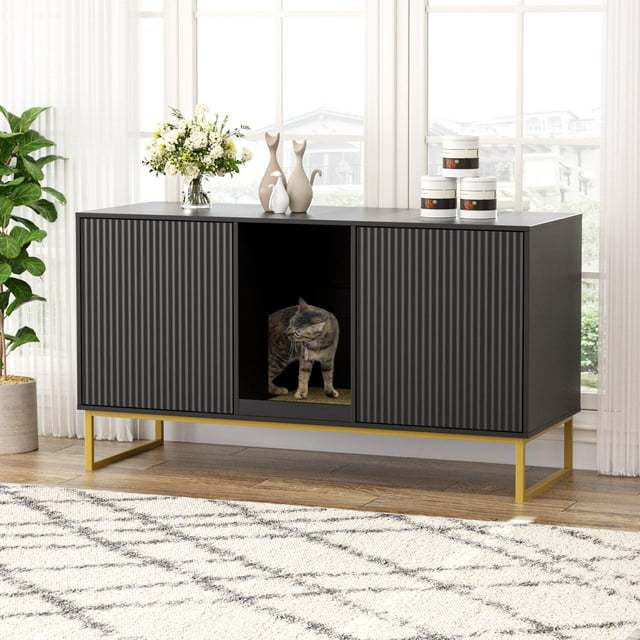 VEANERWOOD Cat Litter Box Enclosure with Hidden Entry and Two Cabinet Doors, Multi-Functional Cat Washroom