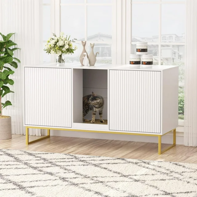 VEANERWOOD Cat Litter Box Enclosure with Hidden Entry and Two Cabinet 