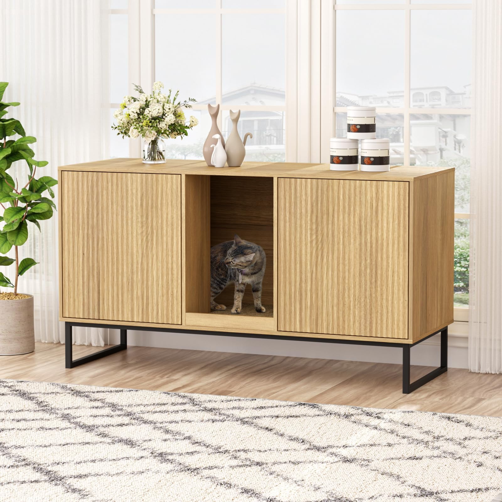 VEANERWOOD Cat Litter Box Enclosure with Hidden Entry and Two Cabinet Doors, Multi-Functional Cat Washroom