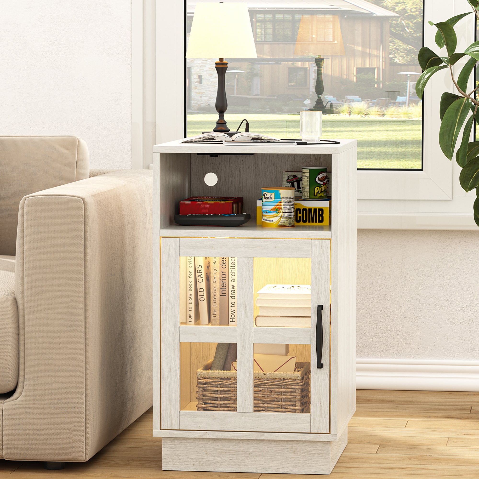 VEANERWOOD End Tables for Living Room with Charging Station & LED Ligh