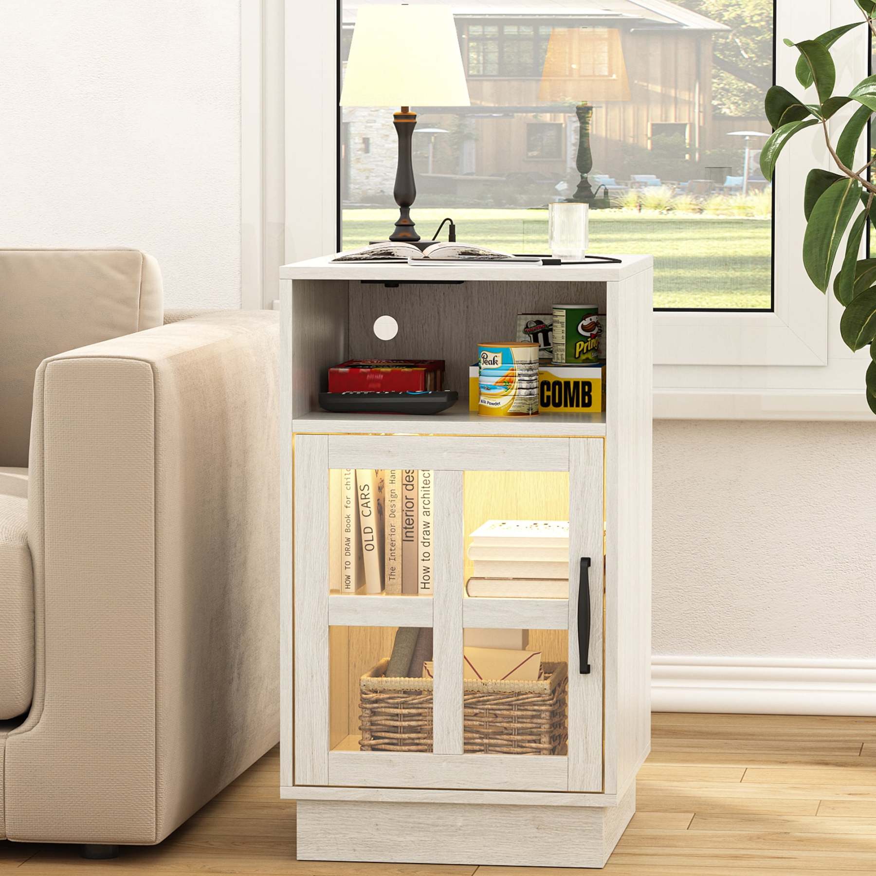 VEANERWOOD End Tables for Living Room with Charging Station & LED Ligh