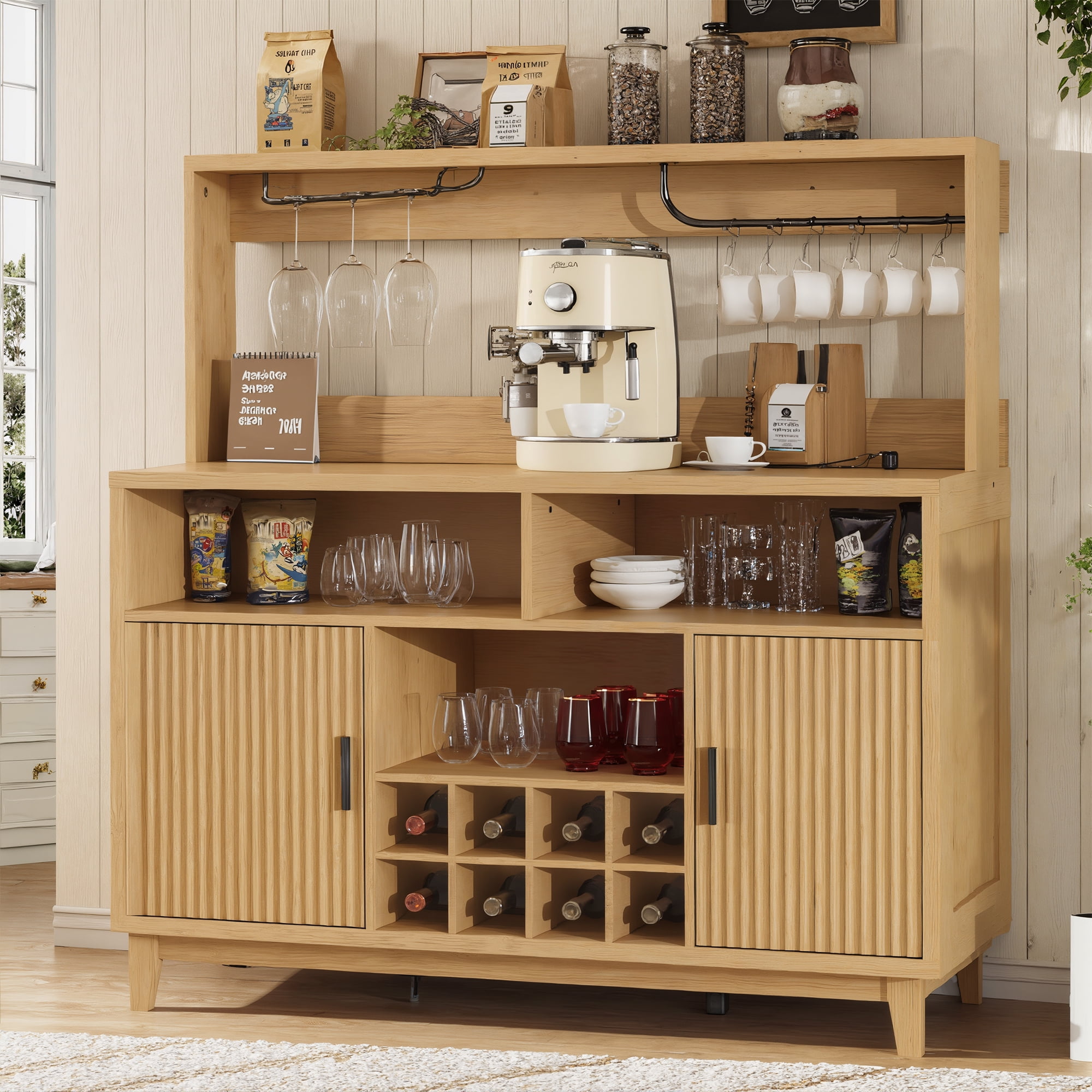 VEANERWOOD Fluted Coffee Bar Cabinet with Wine Rack & Charging Station, Modern Sideboard Buffet Cabinet with Glass Holder and 6 Hook for Kitchen, Dining or Living Room