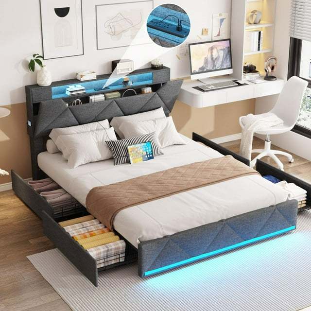 VEANERWOOD Queen Bed Frame with Storage Headboard and 4 DrawersUpholstered Plarform with Built in Charging Station and? Adjustable Led Lights, Dark Grey