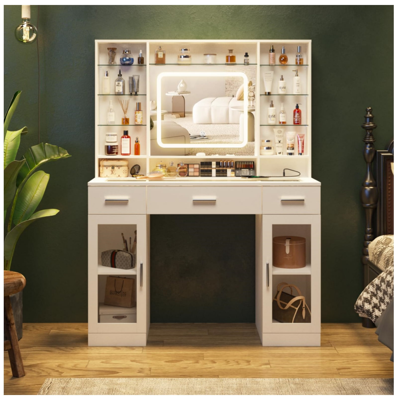 VEANERWOOD HOME Fameill Makeup Vanity Table with 3-Mode Lighted Mirror, Large Storage Vanity Table with Power Strip, 3 Drawers & 2 Cabinets, White