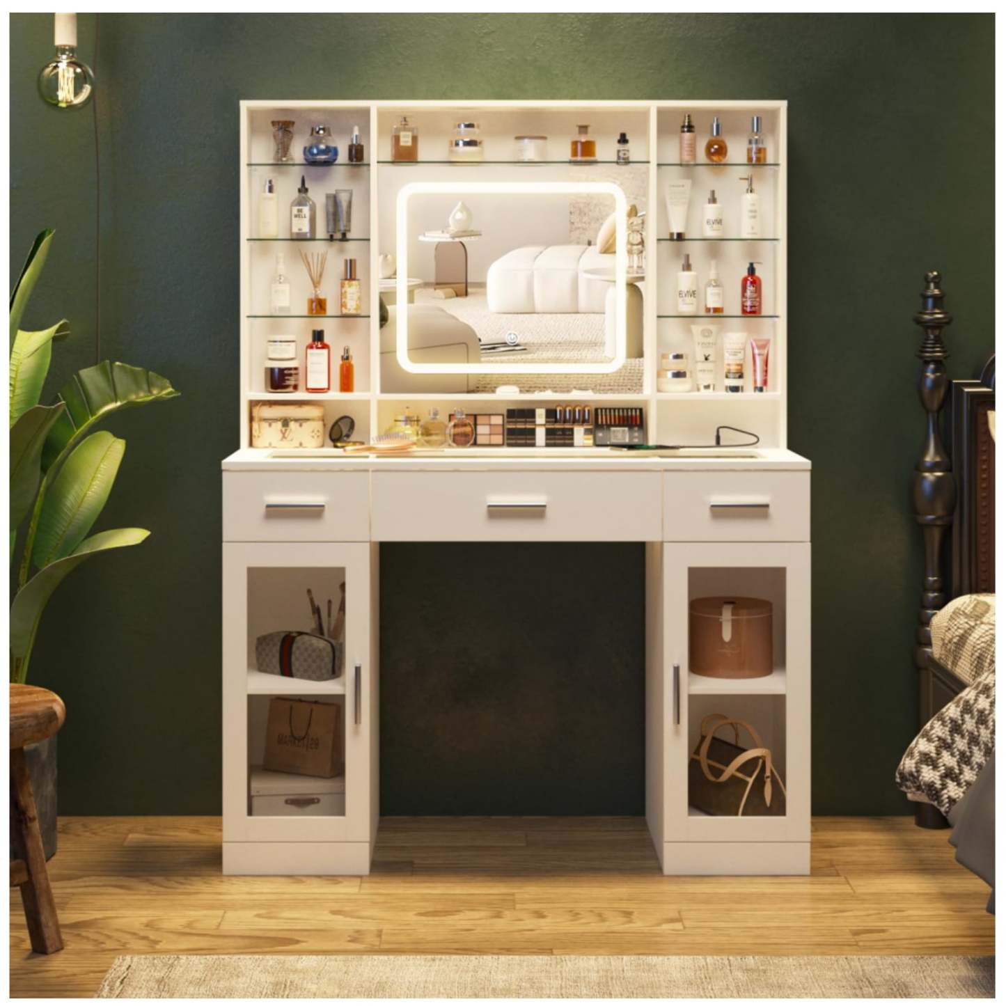 VEANERWOOD HOME Fameill Makeup Vanity Table with 3-Mode Lighted Mirror