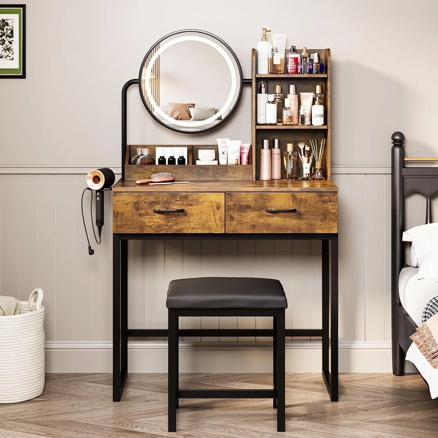 Veanerwood Makeup Vanity Desk with Lights and Round Mirror, Bedroom Vanity Dressing Table Set with Drawers, Hair Rack, Modern, 31.5in, White & Gold