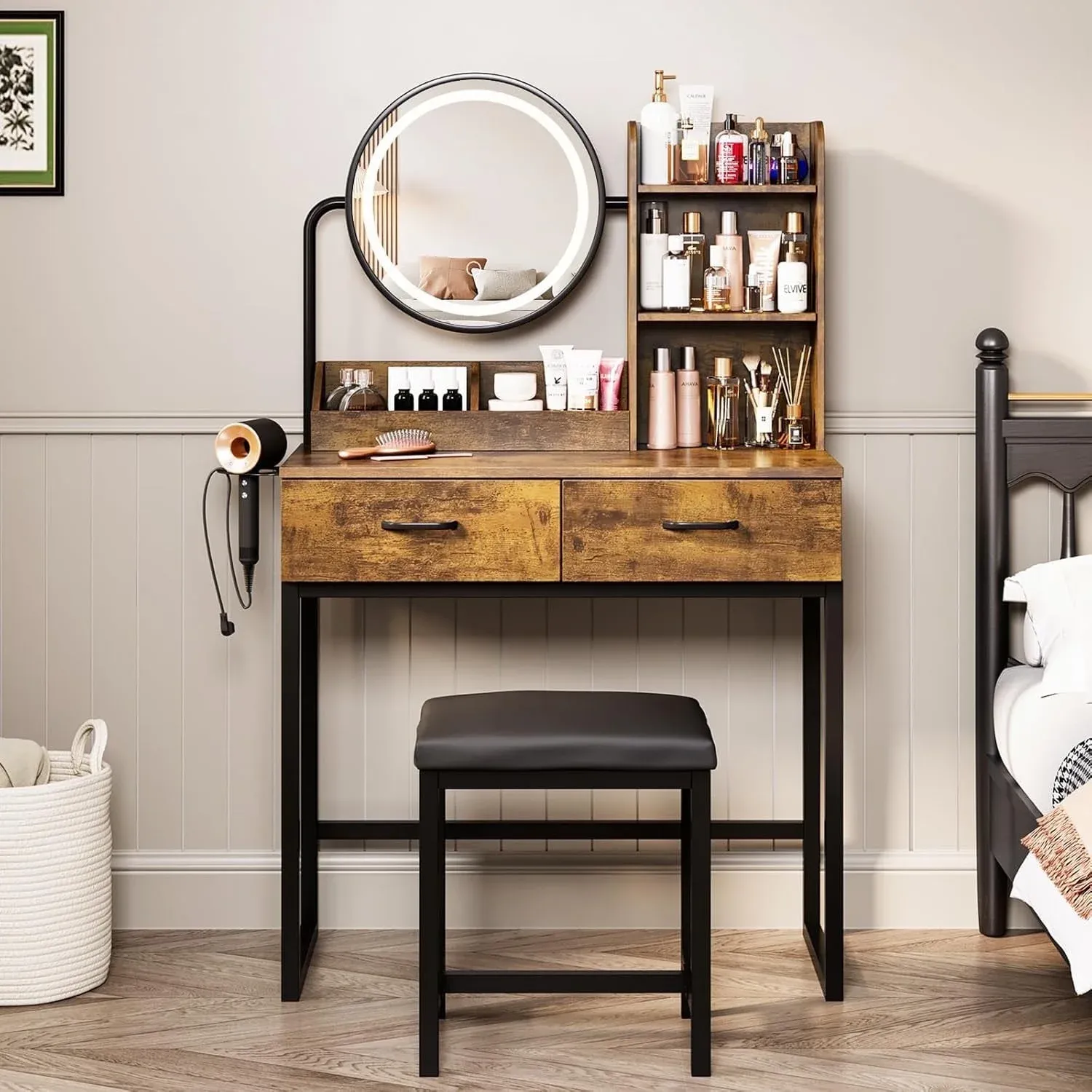 Veanerwood Makeup Vanity Desk with Lights and Round Mirror, Bedroom Vanity Dressing Table Set with Drawers, Hair Rack, Modern, 31.5in, White & Gold