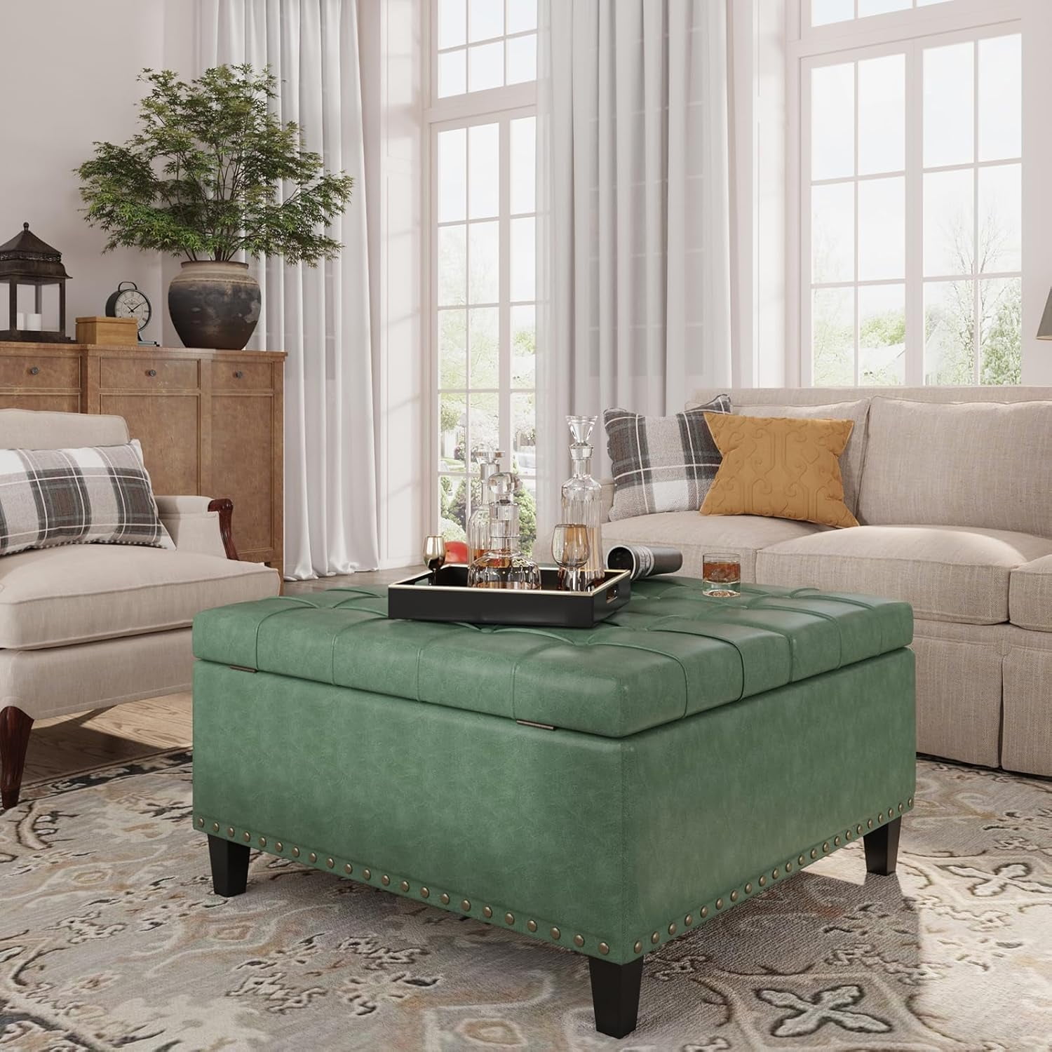 VEANERWOOD Modern Leather Storage Ottoman Bench with Button-Tufted for Entryway, Coffee Tables with Nail Trims for Living Room Bed Room Apartment