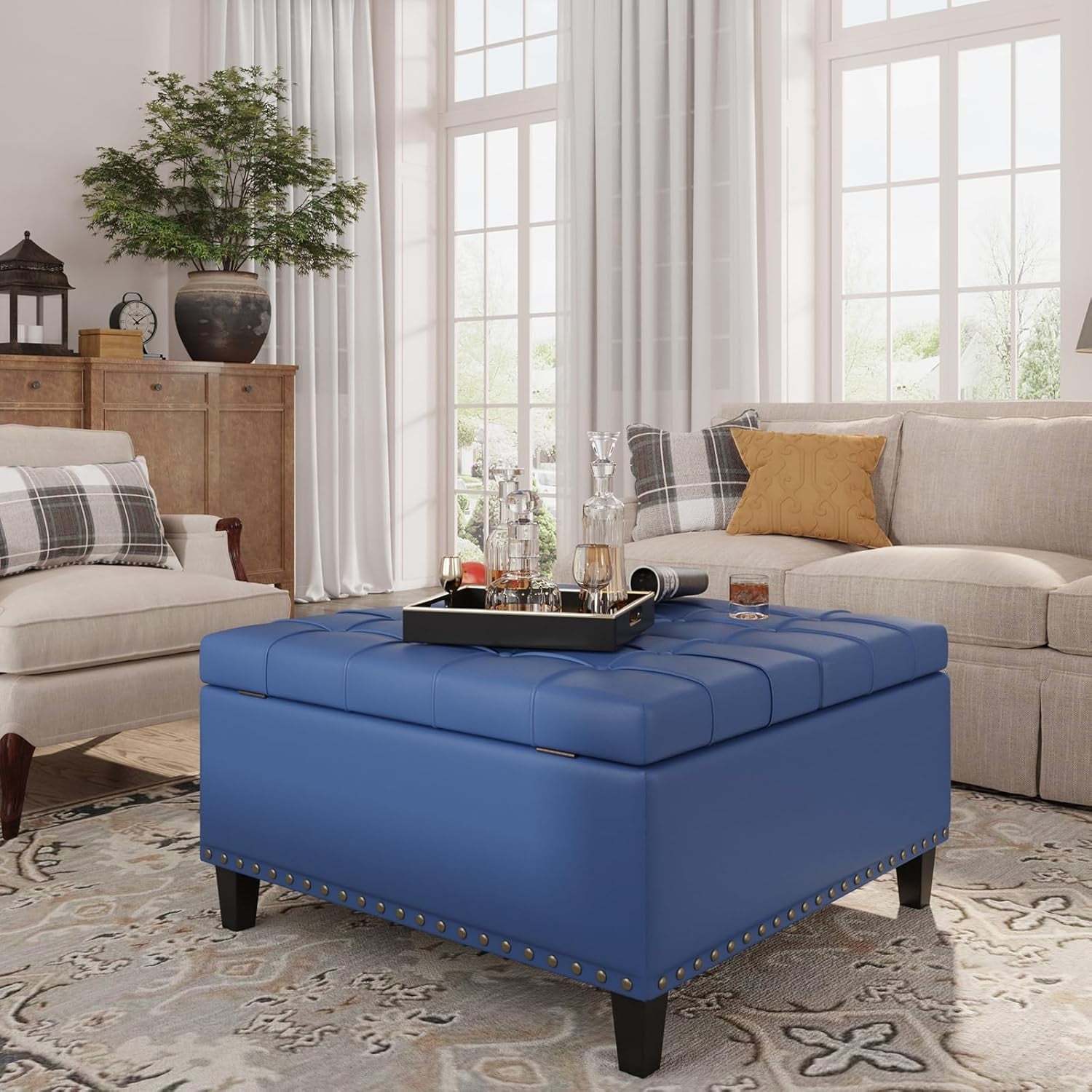 VEANERWOOD Modern Leather Storage Ottoman Bench with Button-Tufted for Entryway, Coffee Tables with Nail Trims for Living Room Bed Room Apartment
