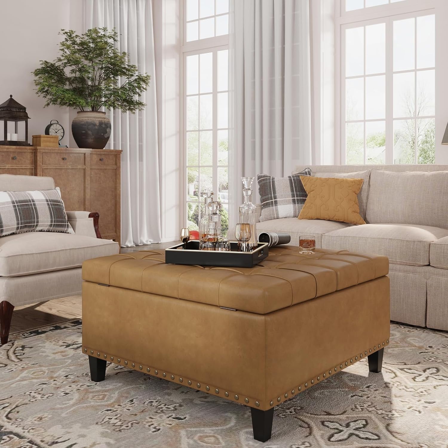 VEANERWOOD Modern Leather Storage Ottoman Bench with Button-Tufted for
