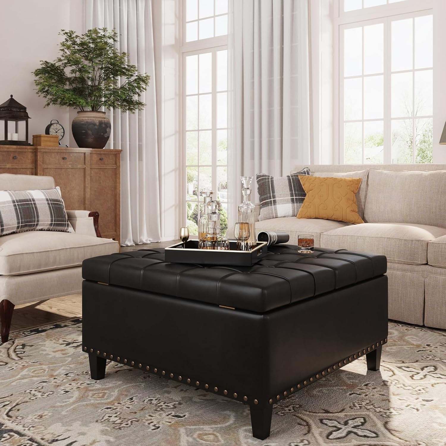 VEANERWOOD Modern Leather Storage Ottoman Bench with Button-Tufted for