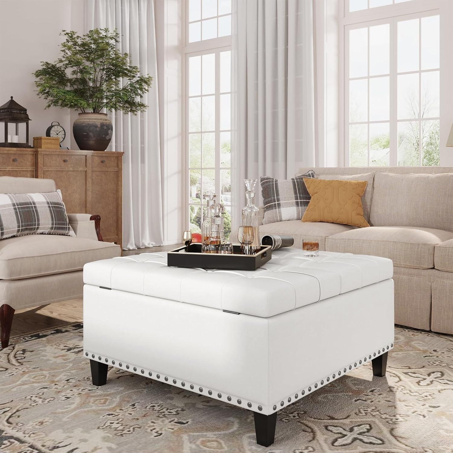VEANERWOOD Modern Leather Storage Ottoman Bench with Button-Tufted for