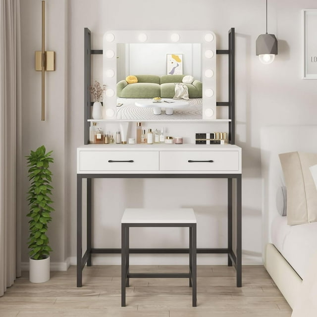 VEANERWOOD Modern Vanity Set with Adjustable Lights, Makeup Table with 2 Drawers for Bedroom, White
