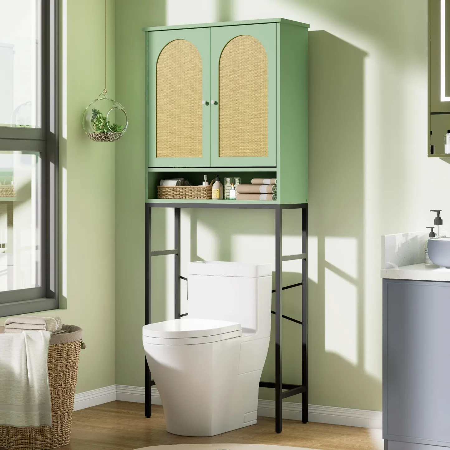 VEANERWOOD Rattan Toilet Storage Cabinet, Over The Rack Wood Cabinet with Metal Stand, Bathroom Organizer with Adjustable Shelf, Tall Freestanding Washer Shelf, Small Cupboard, Black