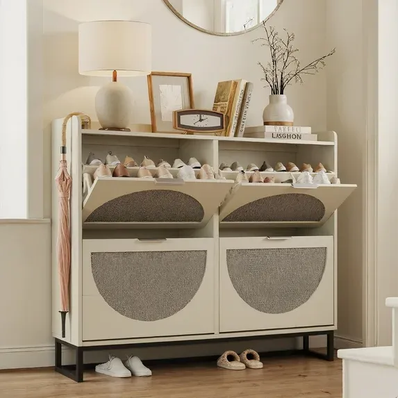 VEANERWOOD Rattan Shoe Storage Cabinet with 2 Flip Drawers, Freestanding Narrow Shoe Rack Cabinet with Metal Legs for Entryway
