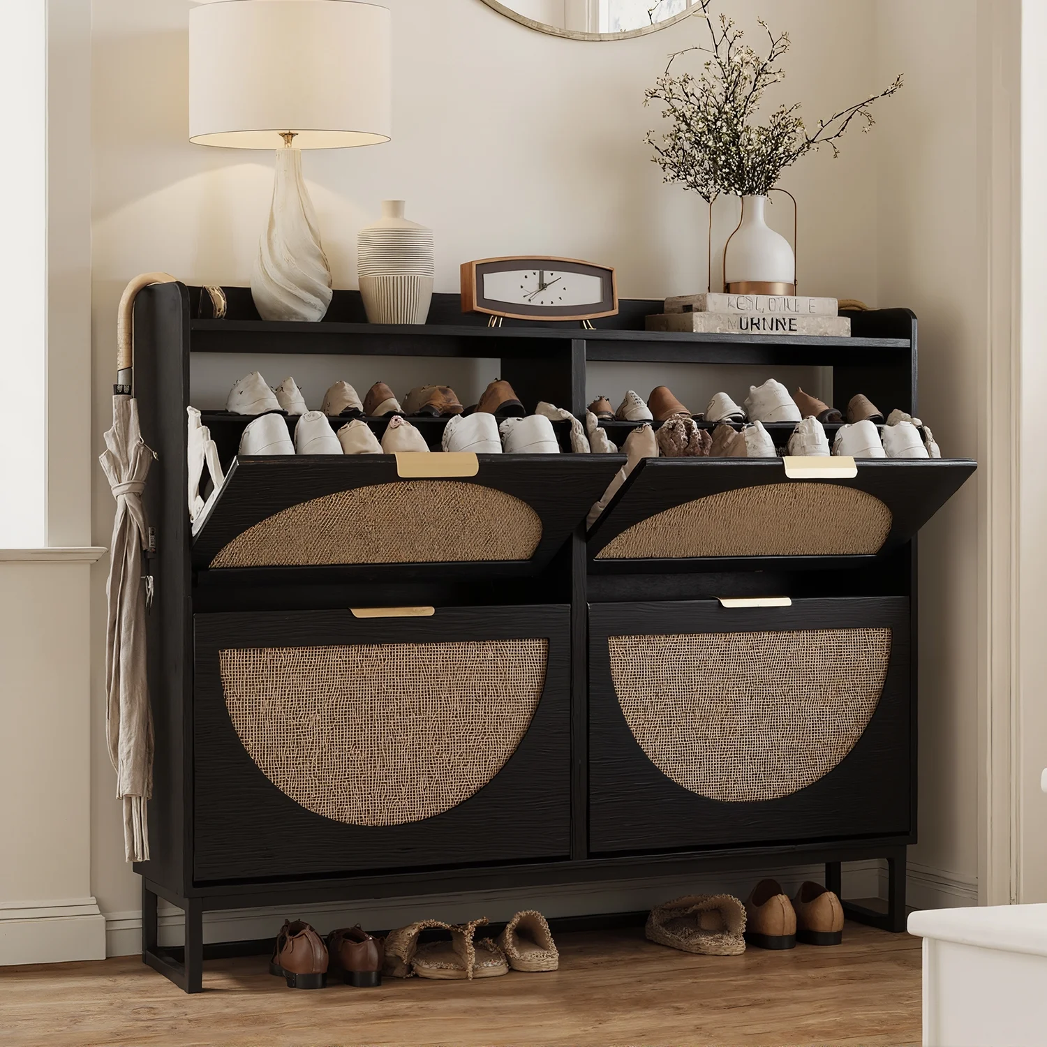 VEANERWOOD Rattan Shoe Storage Cabinet with 2 Flip Drawers, Freestanding Narrow Shoe Rack Cabinet with Metal Legs for Entryway