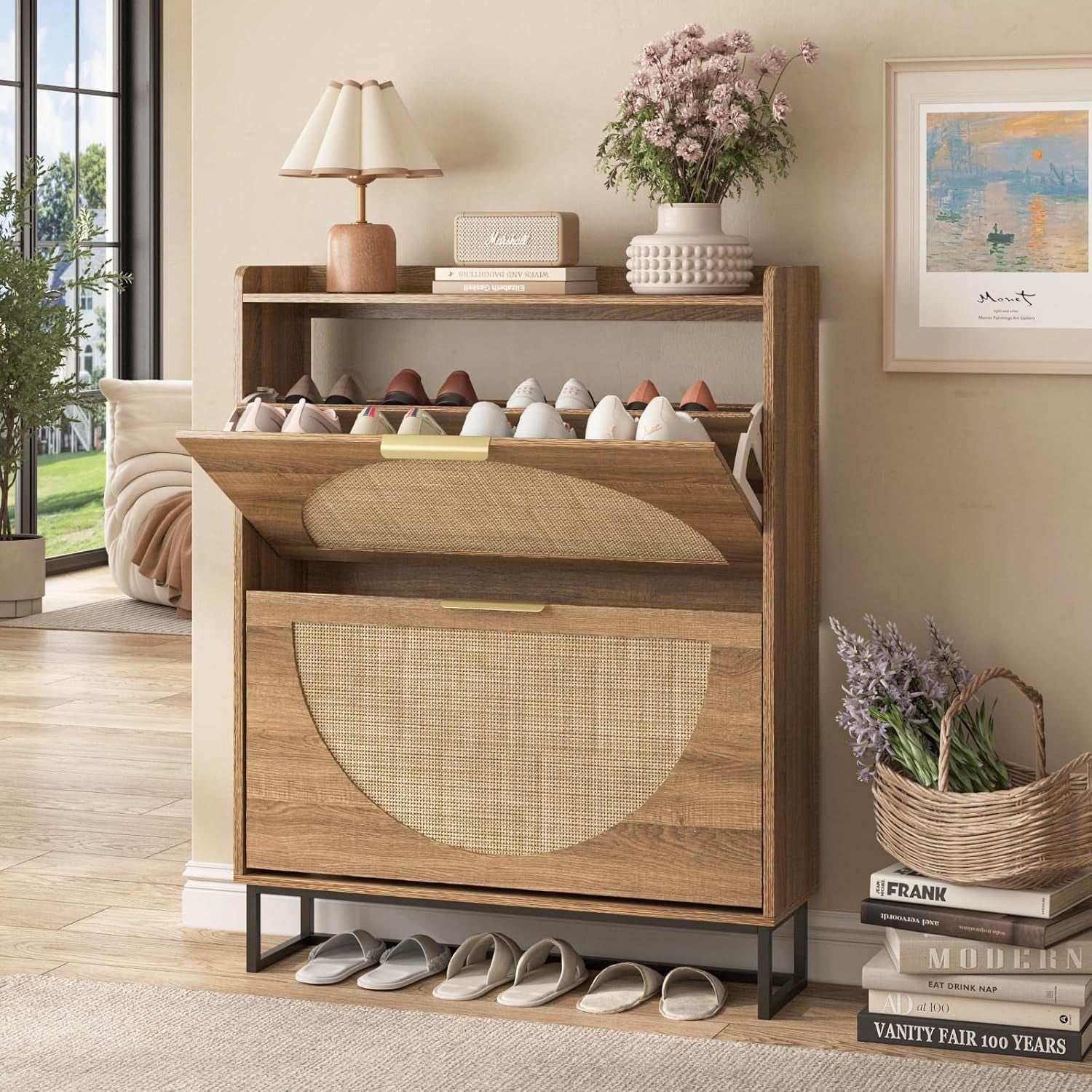 VEANERWOOD Rattan Shoe Storage Cabinet with 2 Flip Drawers, Freestanding Narrow Shoe Rack Cabinet with Metal Legs for Entryway