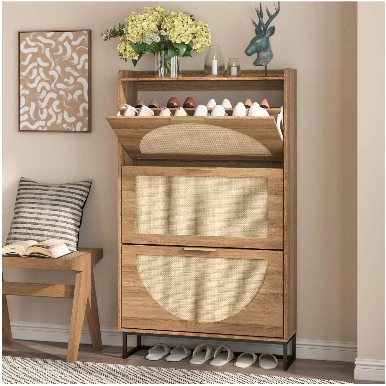 VEANERWOOD Rattan Shoe Storage Cabinet with 2 Flip Drawers, Freestanding Narrow Shoe Rack Cabinet with Metal Legs for Entryway