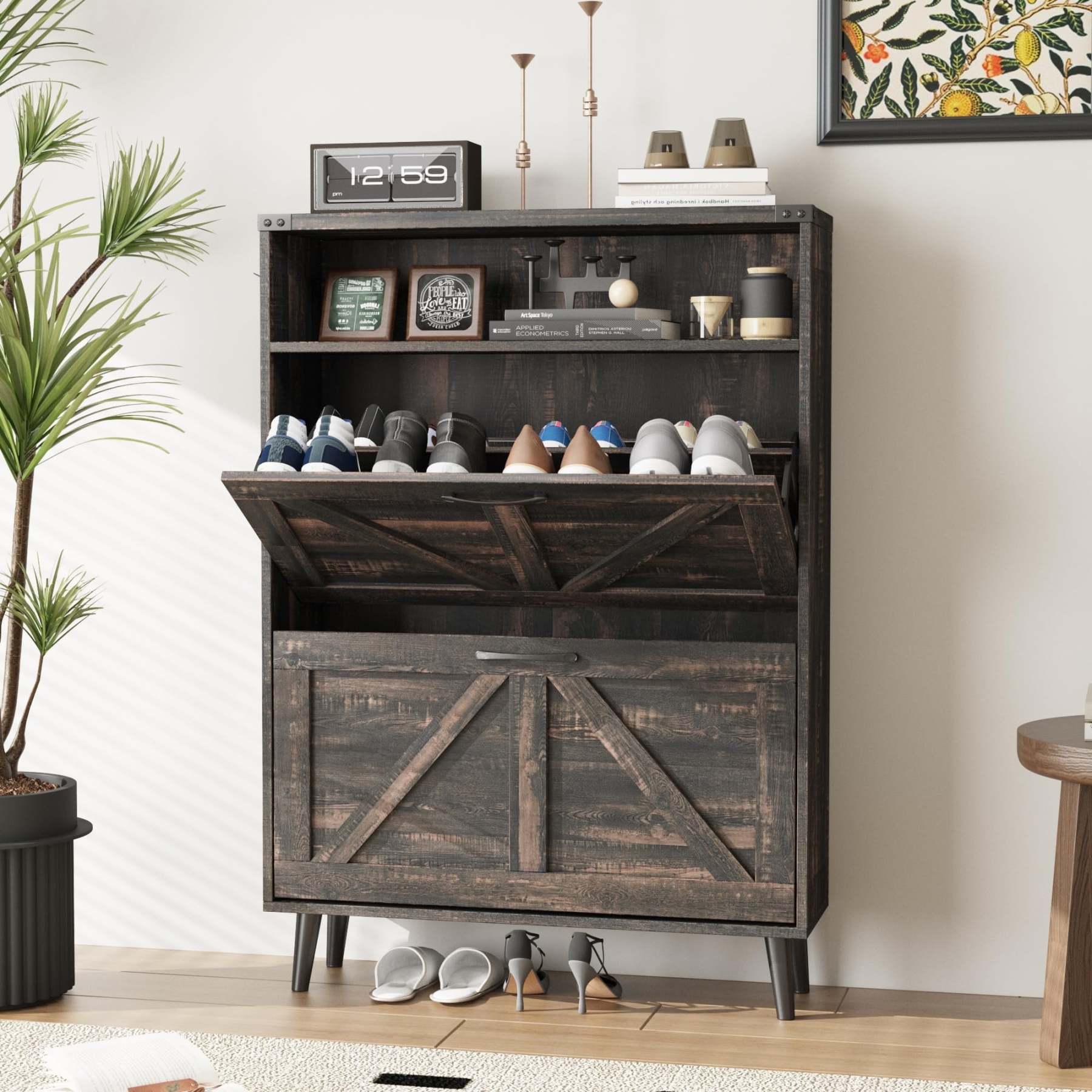 VEANERWOOD Shoe Cabinet with 2 Flip Drawers,Shoe Storage Cabinet for Entryway, Dark Rustic Oak