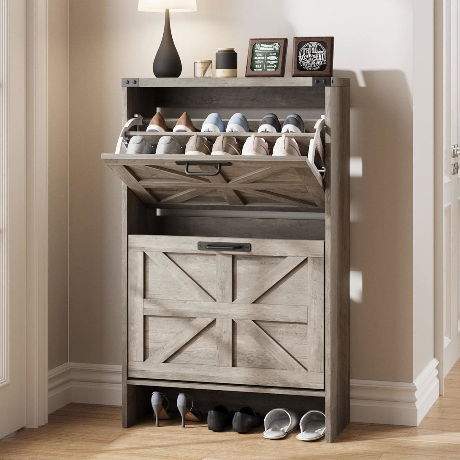 VEANERWOOD Shoes Storage Cabinet With Doors, Farmhouse Shoe Cabinet With 3 Flip Drawers For Entryway,White