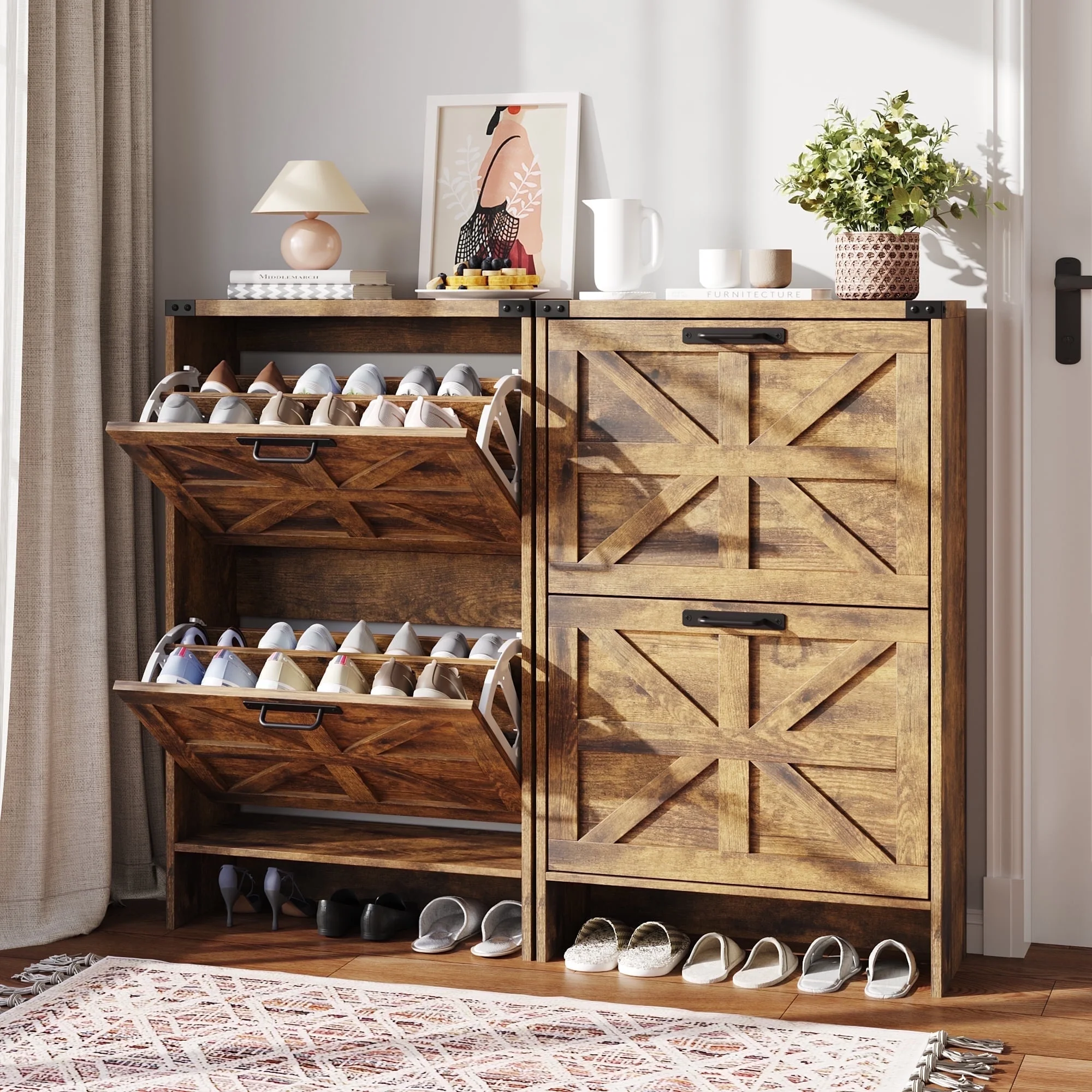 VEANERWOOD Shoes Storage Cabinet With Doors, Farmhouse Shoe Cabinet Wi