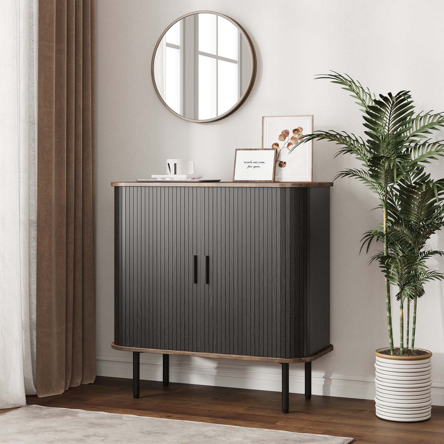 VEANERWOOD Sideboard Buffet Cabinet, 32"H Wood Storage Cabinet with 2 Sliding Tambour Doors, Adjustable Shelf for Kitchen, Living Room, Hallway, Entryway