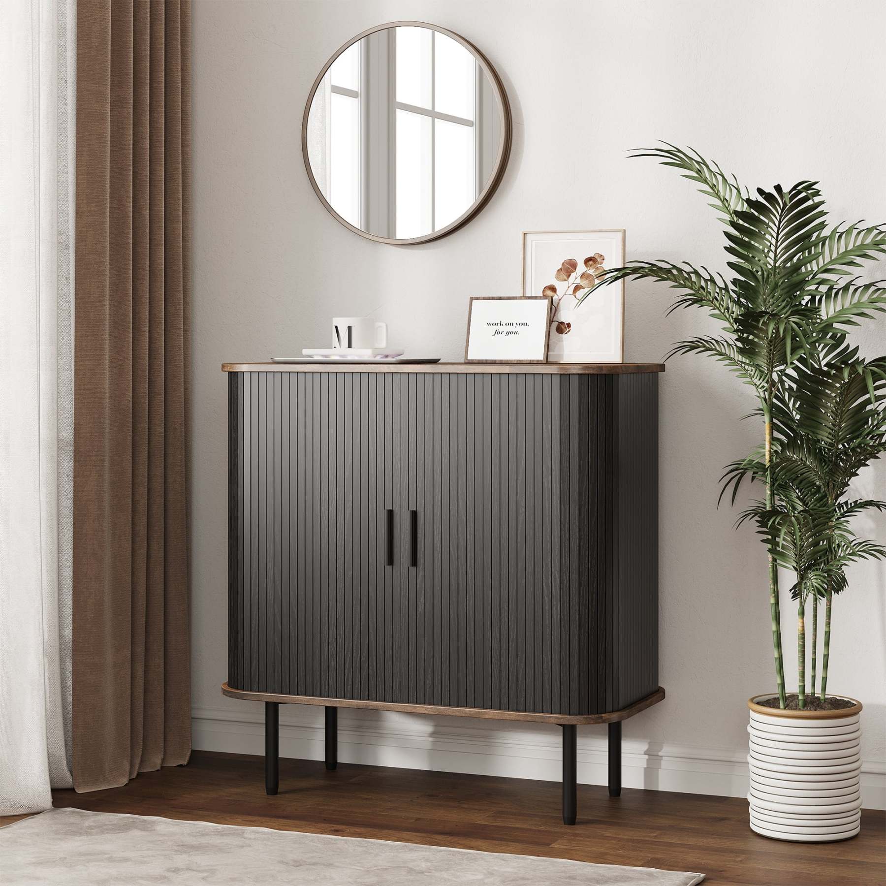 VEANERWOOD Sideboard Buffet Cabinet, 32"H Wood Storage Cabinet with 2 Sliding Tambour Doors, Adjustable Shelf for Kitchen, Living Room, Hallway, Entryway