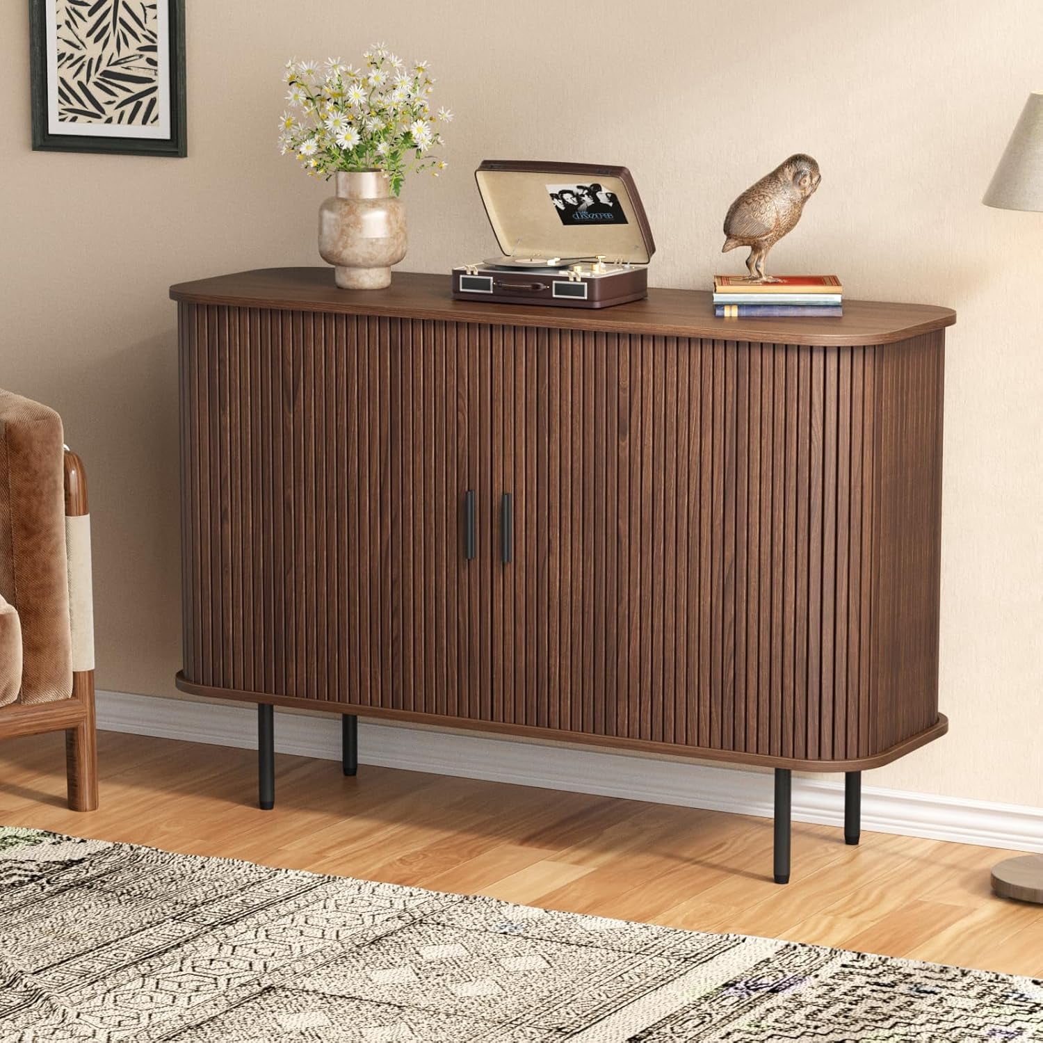 VEANERWOOD Sideboard Buffet Cabinet 47" Storage Cabinet with 2 Sliding Tambour Doors & Adjustable Shelves, Console Table for Kitchen Office Bedroom Hallway Entryway, Walnut