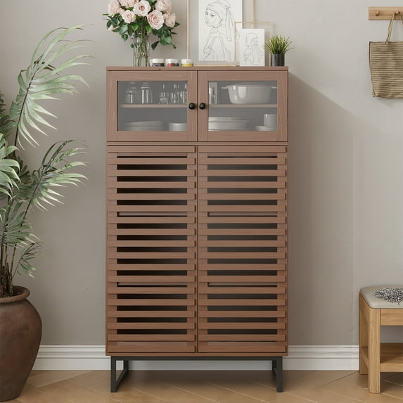 VEANERWOOD Sideboard Buffet Cabinet, Modern Farmhouse Coffee Bar Cabinet with Glass and Louvered Door, Wood Kitchen Table with Adjustable Shelves for Kitchen, Dining Room