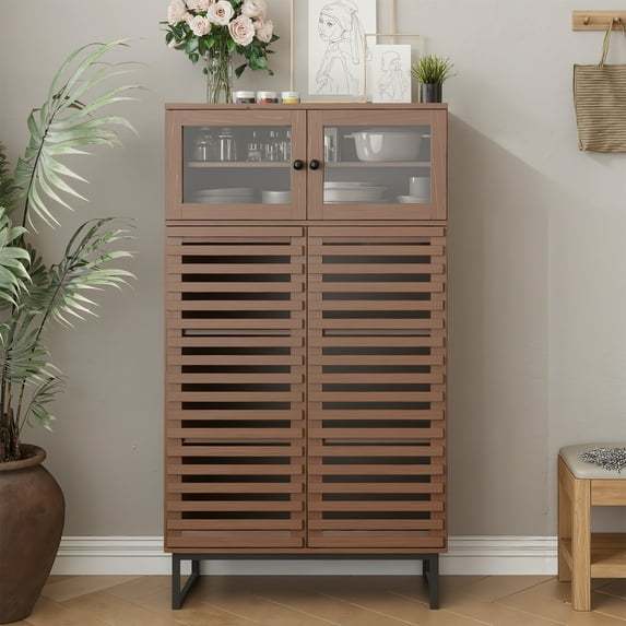 VEANERWOOD Sideboard Buffet Cabinet, Modern Farmhouse Coffee Bar Cabinet with Glass and Louvered Door, Wood Kitchen Table with Adjustable Shelves for Kitchen, Dining Room