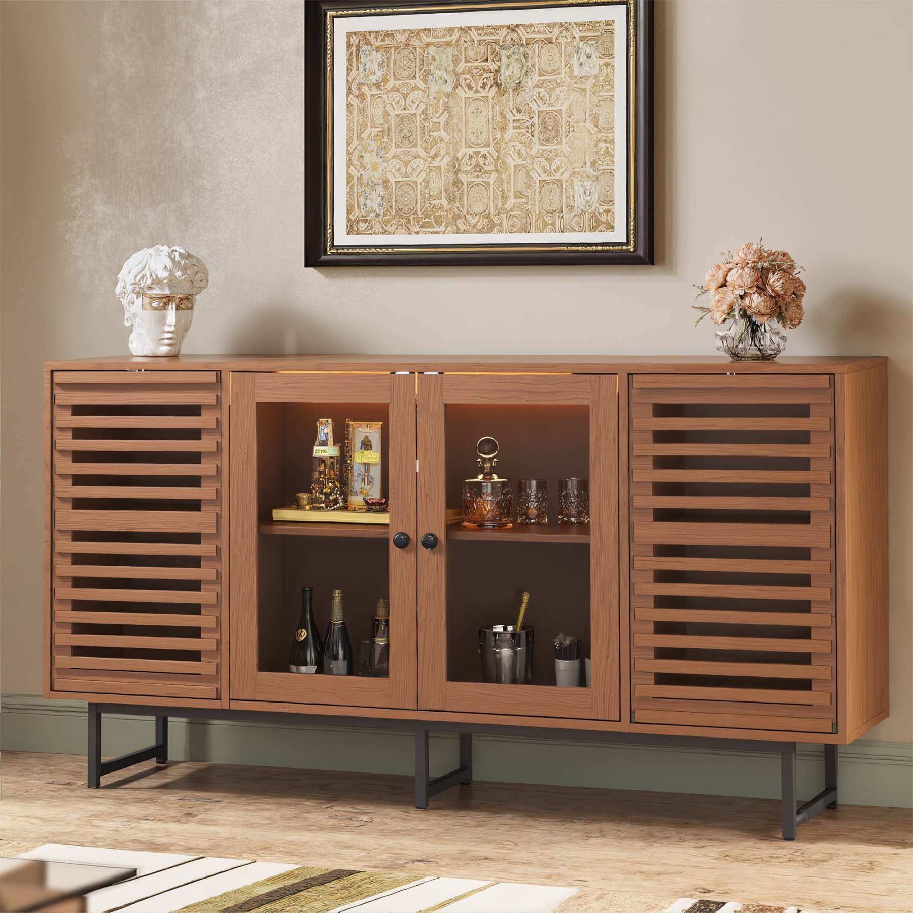 VEANERWOOD Sideboard Buffet Cabinet, Modern Farmhouse Coffee Bar Cabinet with Glass and Louvered Door, Wood Kitchen Table with Adjustable Shelves for Kitchen, Dining Room