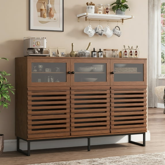 VEANERWOOD Sideboard Buffet Cabinet, Modern Farmhouse Coffee Bar Cabinet with Glass and Louvered Door, Wood Kitchen Table with Adjustable Shelves for Kitchen, Dining Room