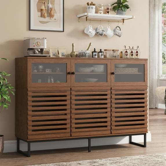 VEANERWOOD Sideboard Buffet Cabinet, Modern Farmhouse Coffee Bar Cabinet with Glass and Louvered Door, Wood Kitchen Table with Adjustable Shelves for Kitchen, Dining Room