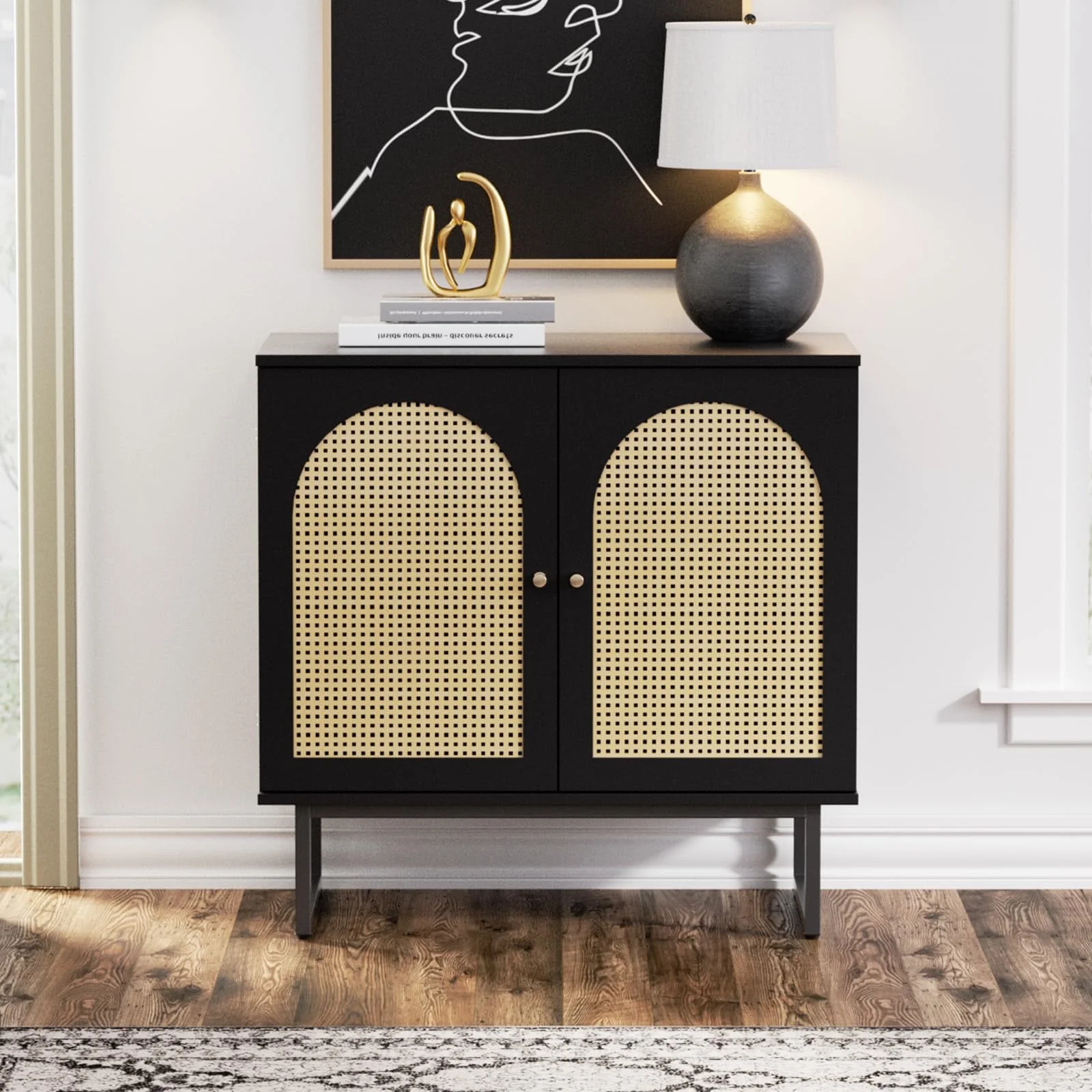 Veanerwood Sideboard Buffet Cabinet with Rattan Doors, Sideboard Cabinet for Living Room, Hallway, Entryway 3 doors, Natural