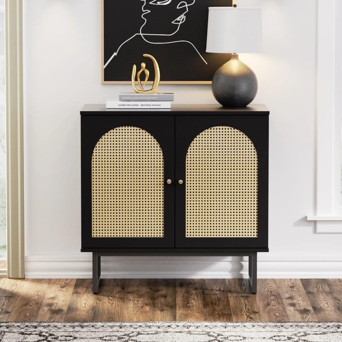 Veanerwood Sideboard Buffet Cabinet with Rattan Doors, Sideboard Cabinet for Living Room, Hallway, Entryway 3 doors, Natural