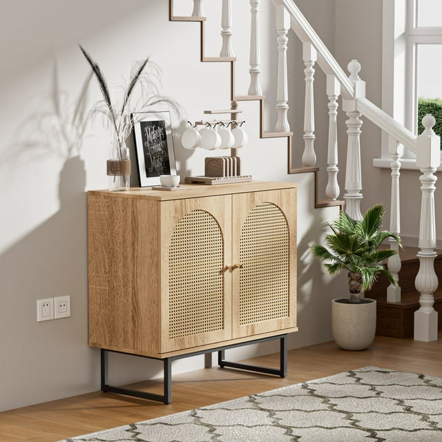 Veanerwood Sideboard Buffet Cabinet with Rattan Doors, Sideboard Cabinet for Living Room, Hallway, Entryway 3 doors, Natural
