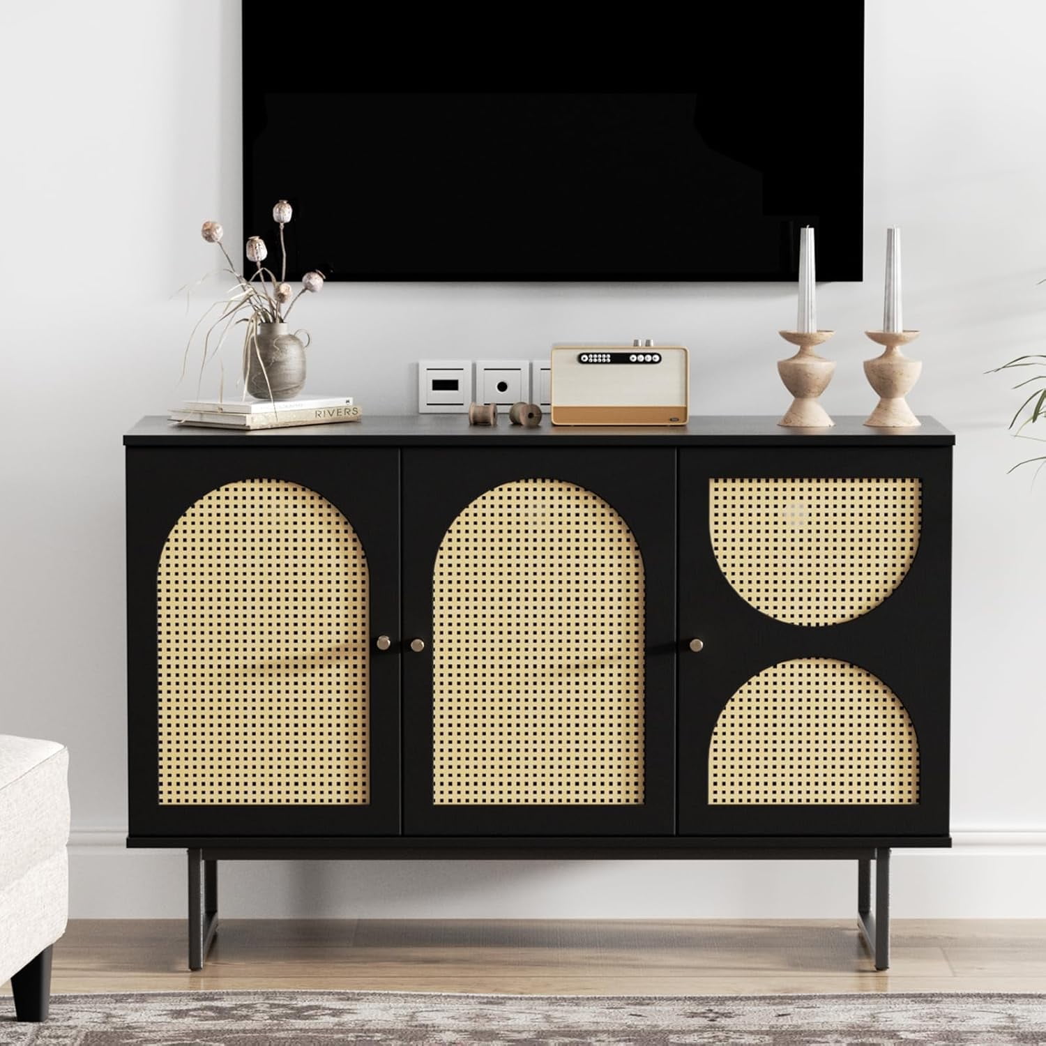 Veanerwood Sideboard Buffet Cabinet with Rattan Doors, Sideboard Cabinet for Living Room, Hallway, Entryway 3 doors, Natural