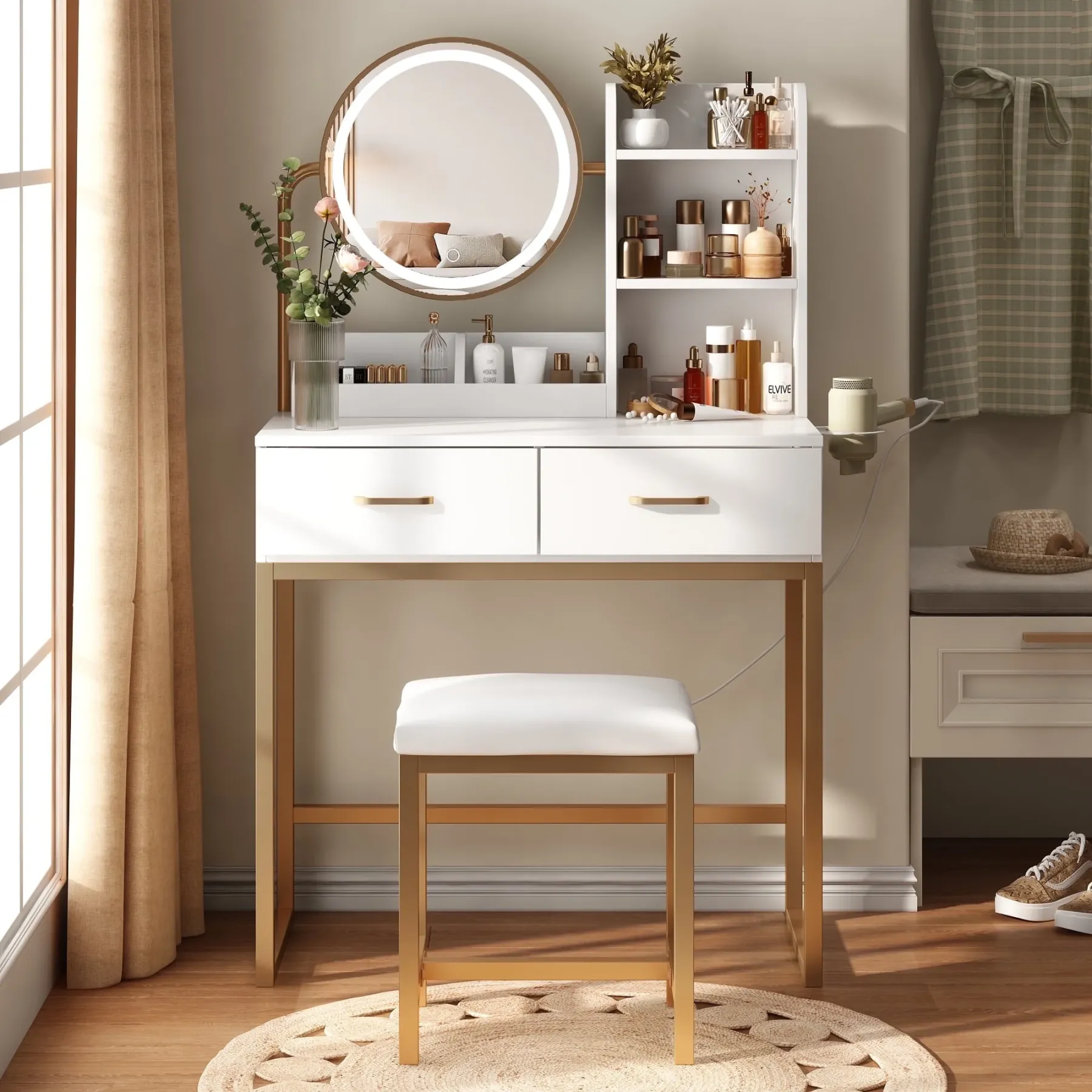 Veanerwood Makeup Vanity Desk with Lights and Round Mirror, Bedroom Vanity Dressing Table Set with Drawers, Hair Rack, Modern, 31.5in, White & Gold