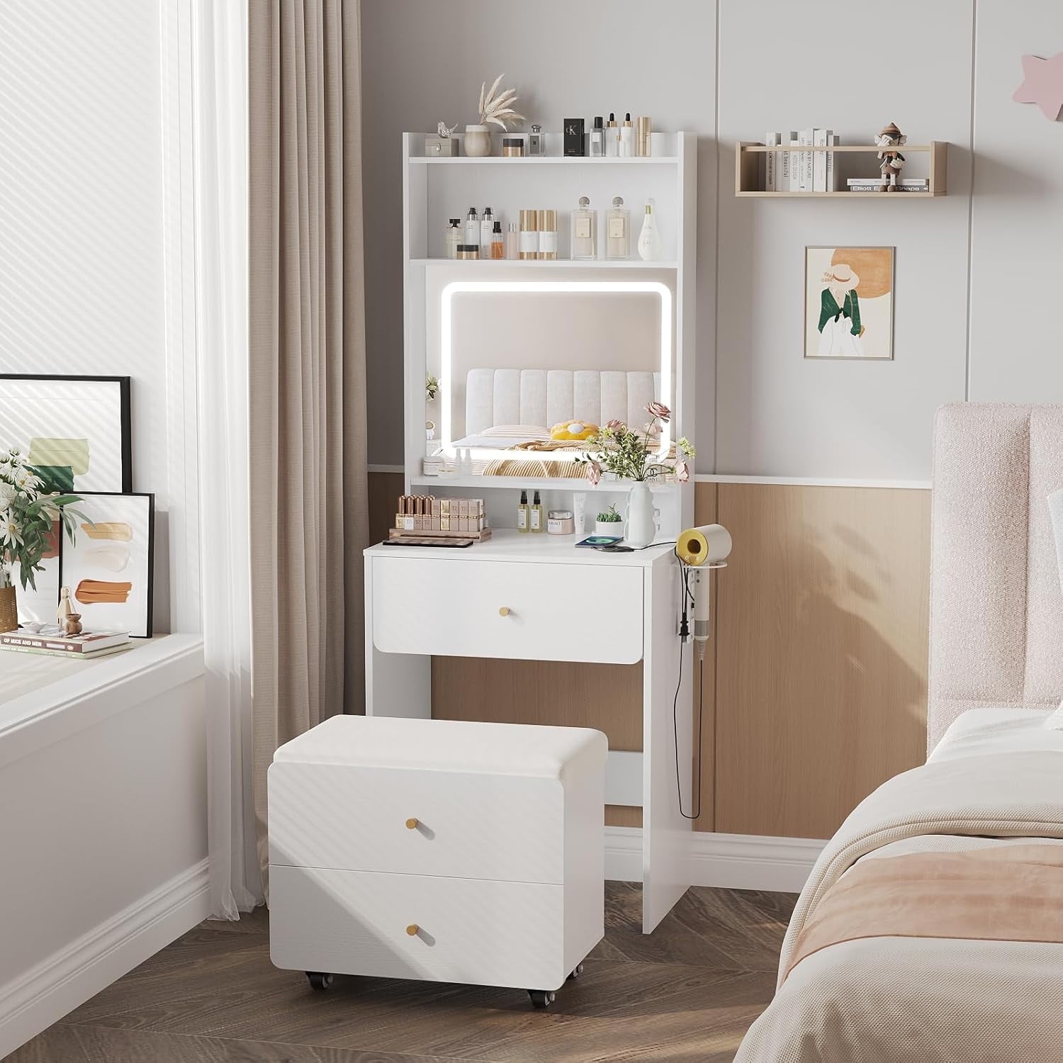 VEANERWOOD White Vanity Desk Set for Small Spaces, 23.62” Small Makeup Vanity Table with Rolling Stool, Lighting Mirror & Charging Station for Girls