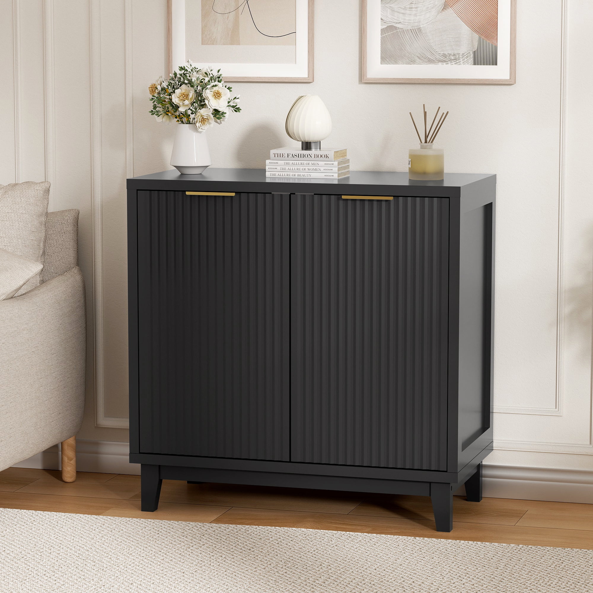 Vabches 31.5" W Fluted Sideboard Credenza Cabinet, Wood Buffet Storage