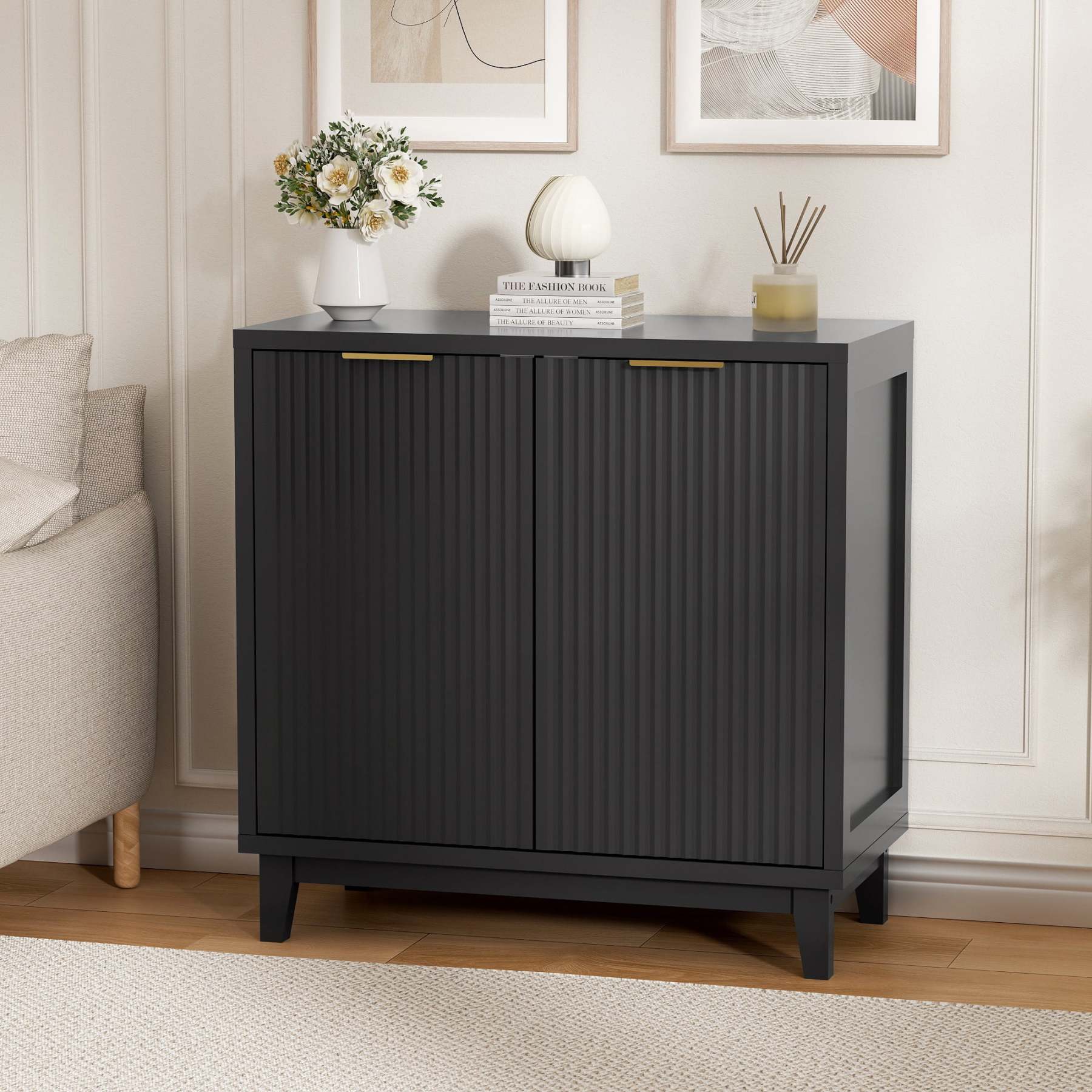 Vabches 31.5" W Fluted Sideboard Credenza Cabinet, Wood Buffet Storage Cabinet with Adjustable Shelves and 2-Doors for Living Room, Kitchen, Entryway