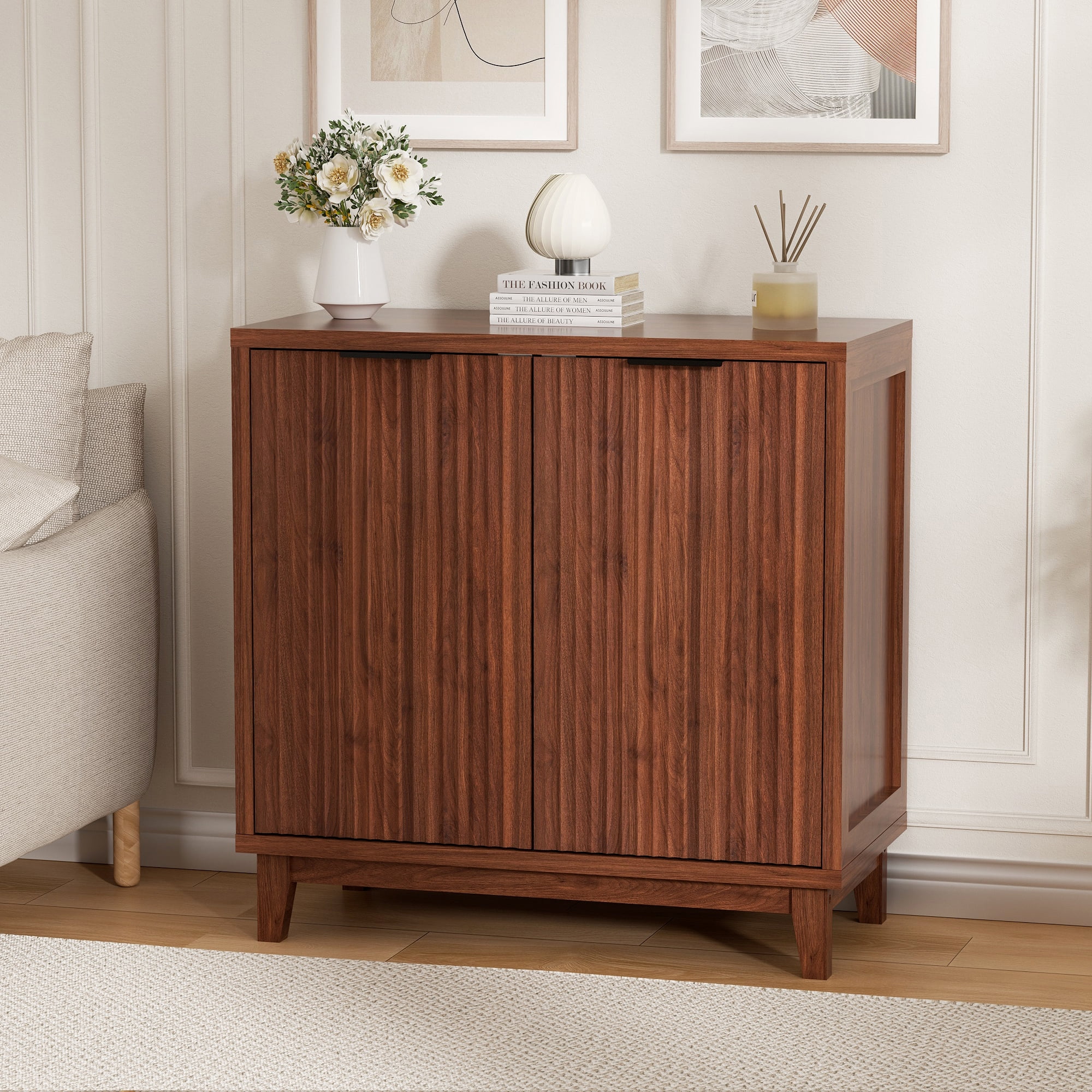 Vabches 31.5" W Fluted Sideboard Credenza Cabinet, Wood Buffet Storage