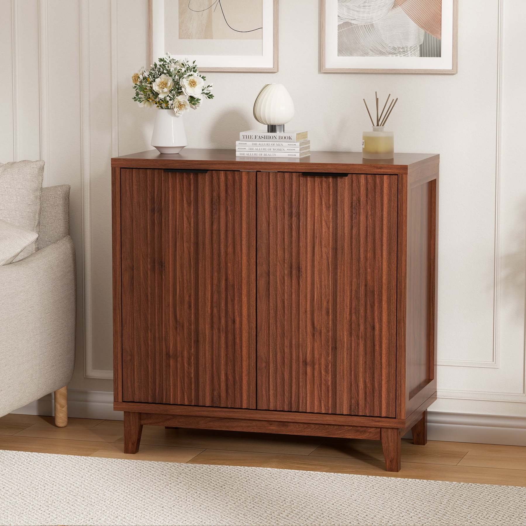 Vabches 31.5" W Fluted Sideboard Credenza Cabinet, Wood Buffet Storage