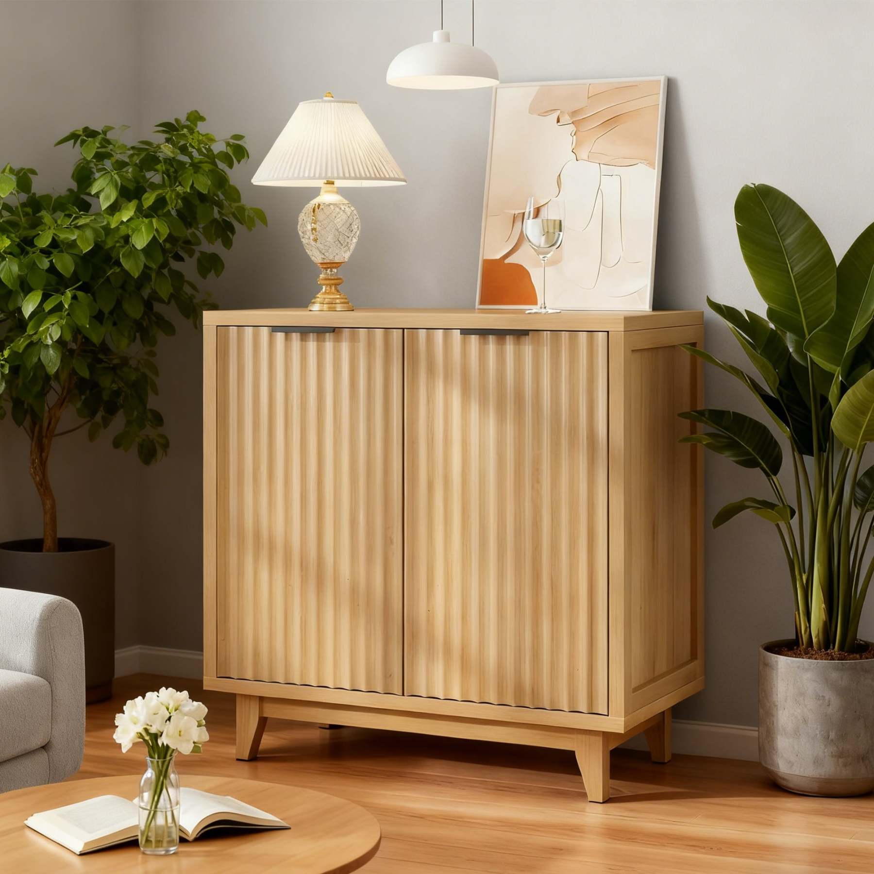 Vabches 31.5" W Fluted Sideboard Credenza Cabinet, Wood Buffet Storage Cabinet with Adjustable Shelves and 2-Doors for Living Room, Kitchen, Entryway