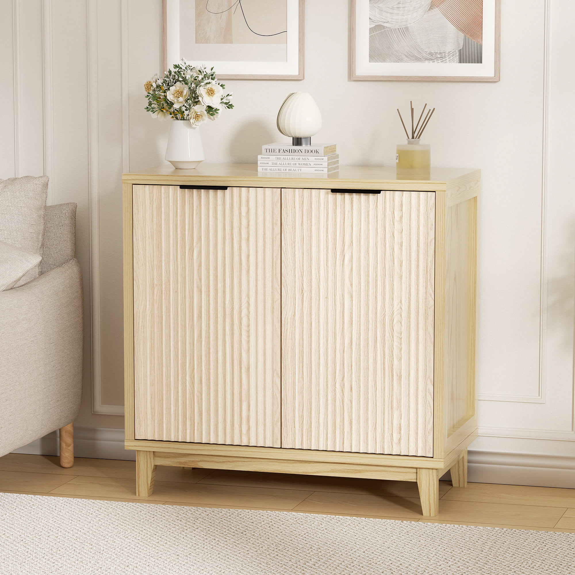 Vabches 31.5" W Fluted Sideboard Credenza Cabinet, Wood Buffet Storage Cabinet with Adjustable Shelves and 2-Doors for Living Room, Kitchen, Entryway